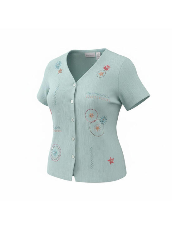 Alfred Dunner Tops - Alfred Dunner Blouse Womens 14 Seafoam Embroidered Floral Short Sleeve Button